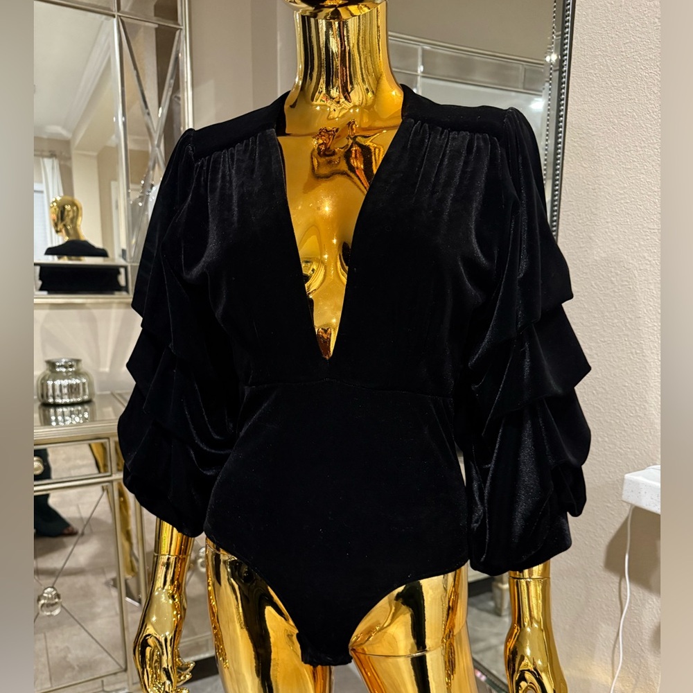 Misa Los Angeles Black Ruffled Bodysuit